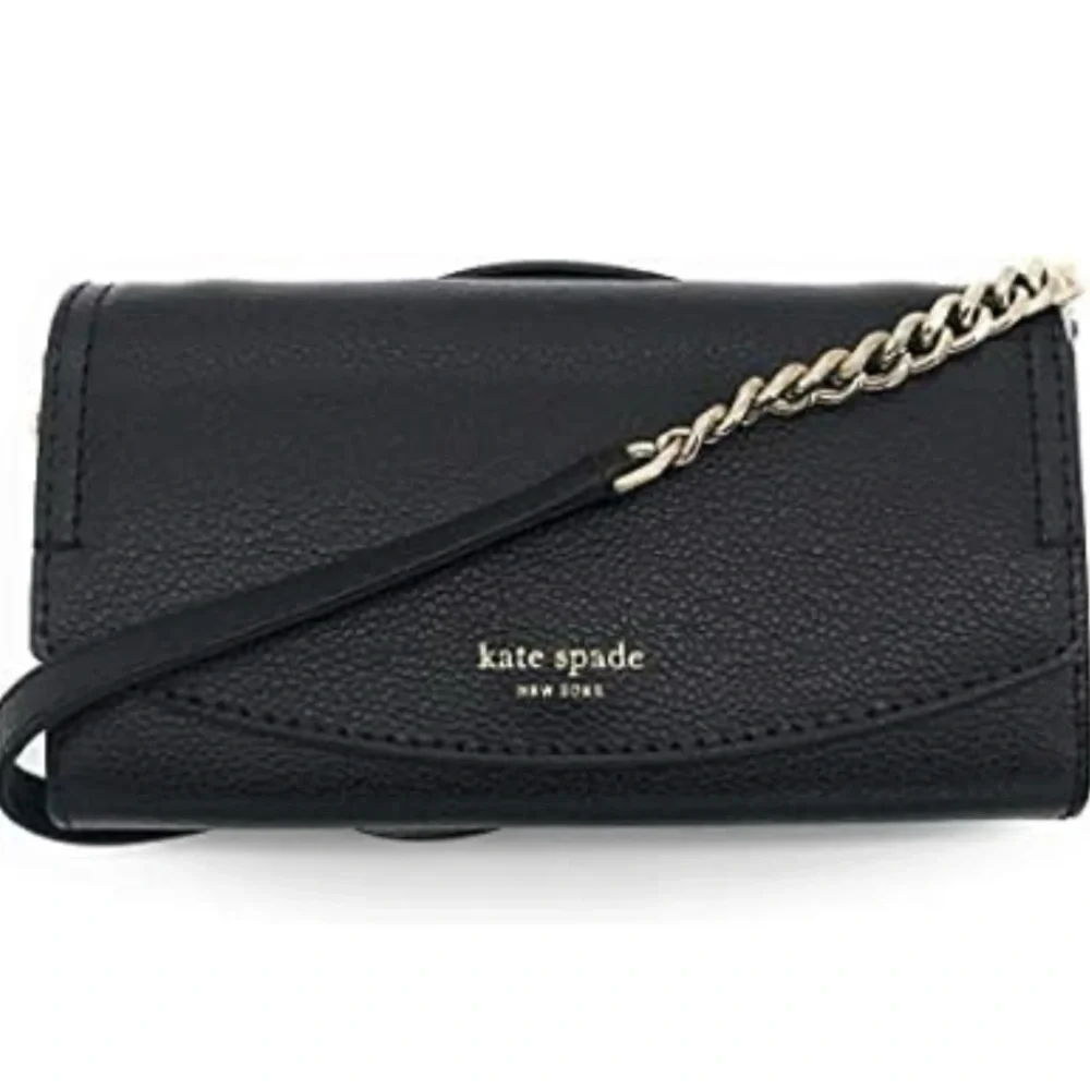 NEW! Kate Spade Eva Wallet On A Chain – Black Pebbled Leather